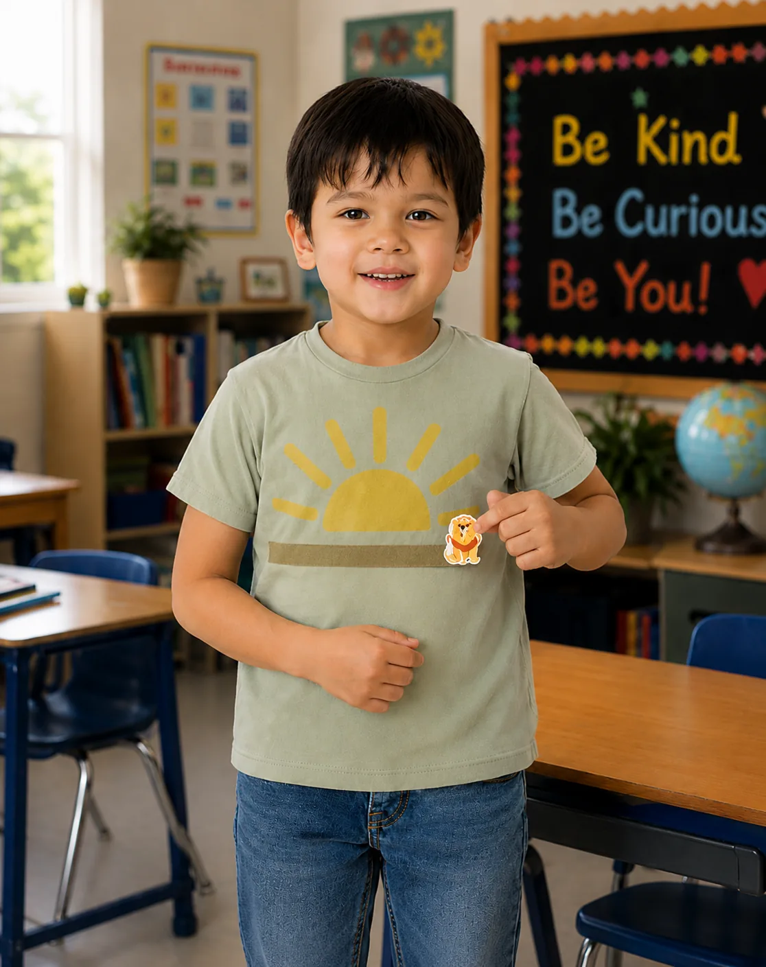 Wear Your Wins reward T-shirt in a classroom A smiling student in a classroom wearing a Wear Your Wins reward T-shirt and holding a lion reward token.