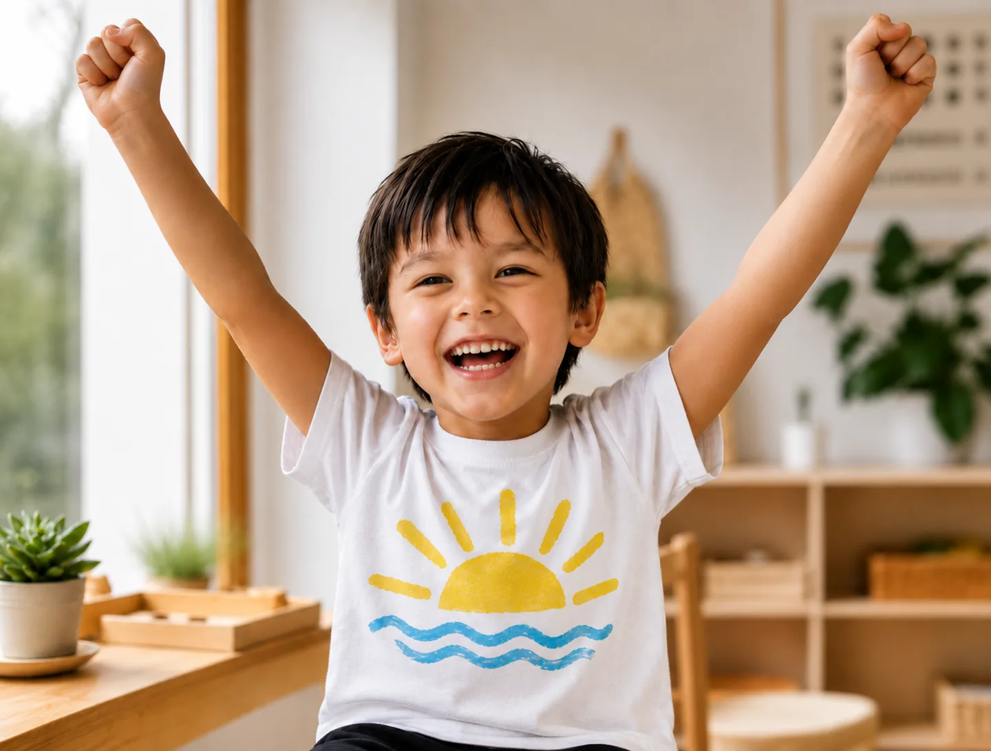 Wear Your Wins reward T-shirt for kids A boy celebrating with both arms raised while wearing a Wear Your Wins reward token T-shirt.