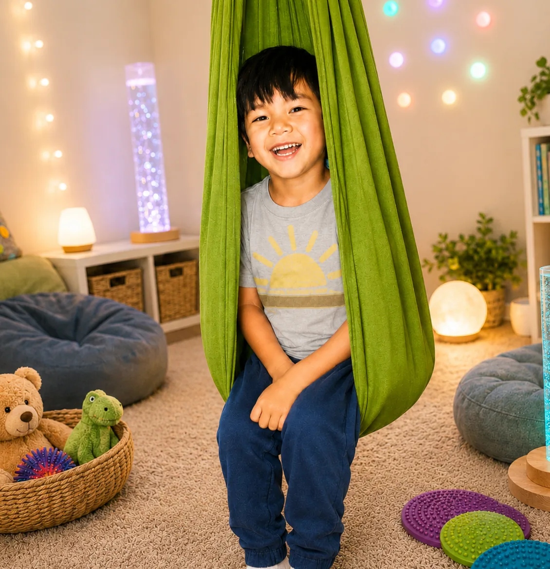 Wear Your Wins reward T-shirt in a sensory-friendly space Smiling child relaxing in a green sensory swing while wearing a Wear Your Wins reward T-shirt with a sun print.