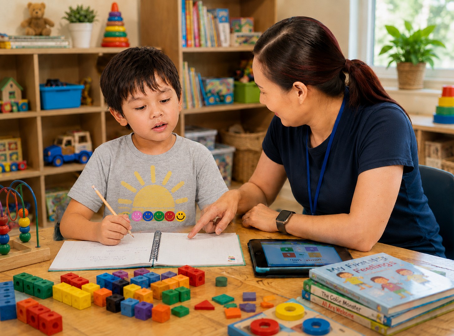 A therapist helping the child with his homework. The child is wearing a Wear Your Wins reward T-shirt